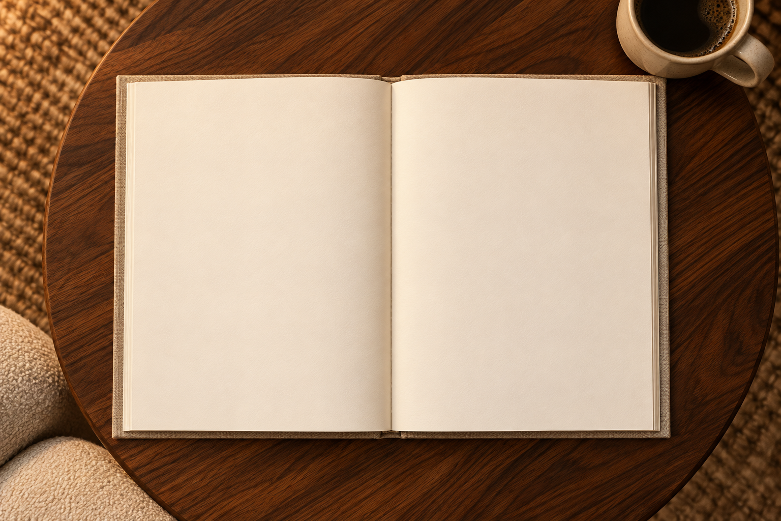 An open book and a ceramic mug on the walnut coffee table