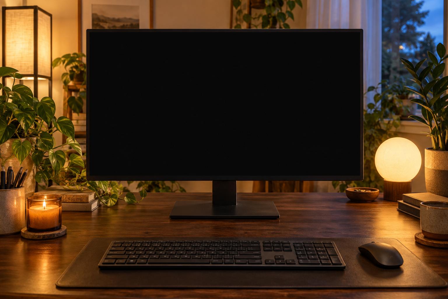 A seat at Ari’s walnut desk, with plants, a glowing lamp, and a computer