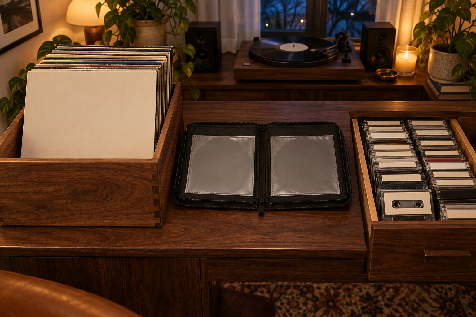 A record crate, open CD binder, and a drawer of cassette tapes beside the turntable
